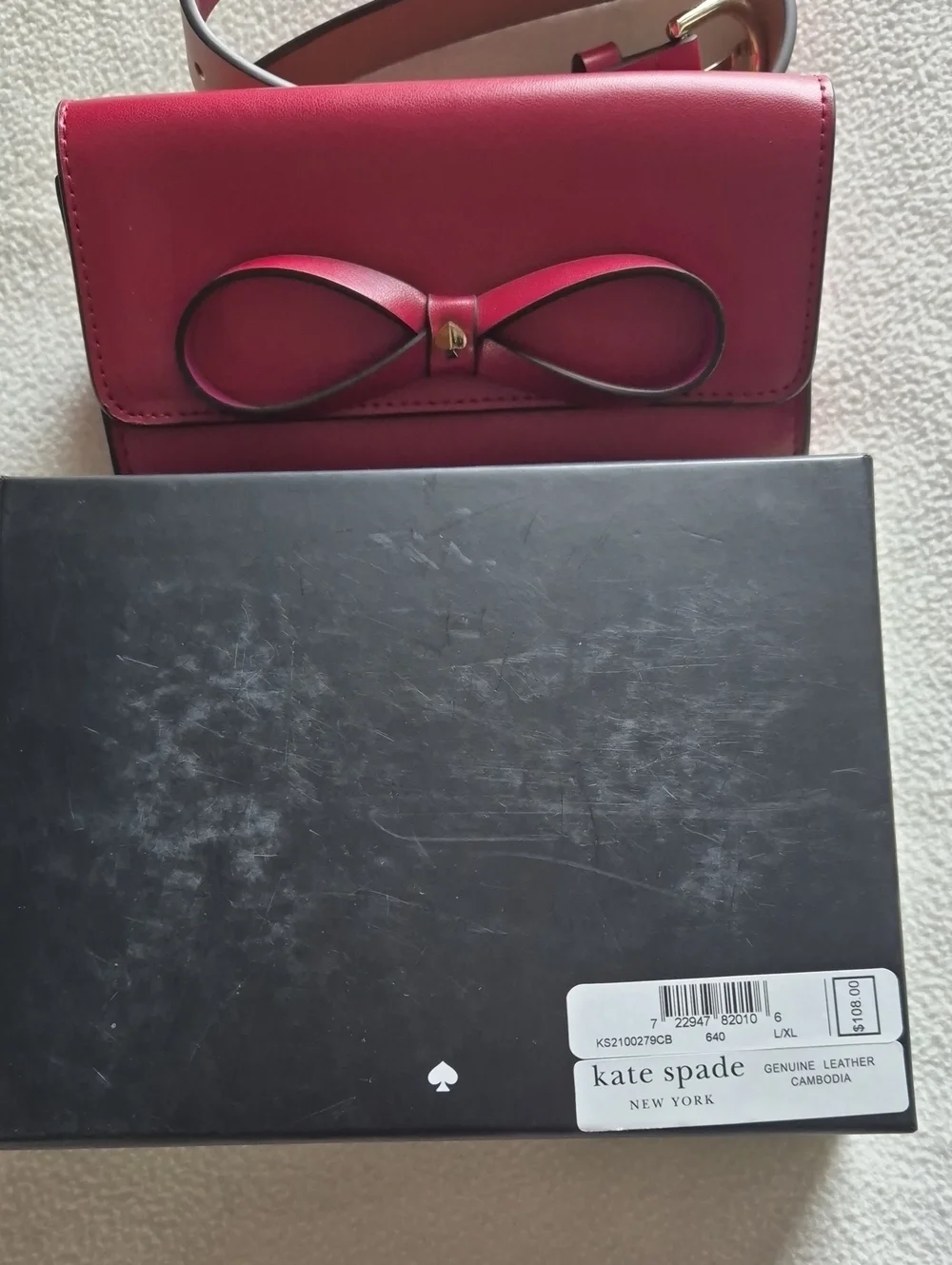 Kate Spade New York Leather Bow Belt Bag Color Red L/XL in BOX